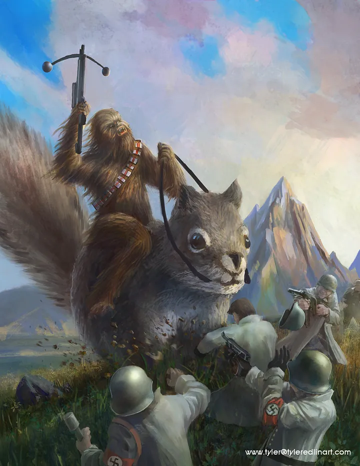 Chewbacca riding a giant squirrel fighting nazis